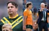 A fat middle-aged man in a rugby league jersey, Wallabies coach Joe Schmidt