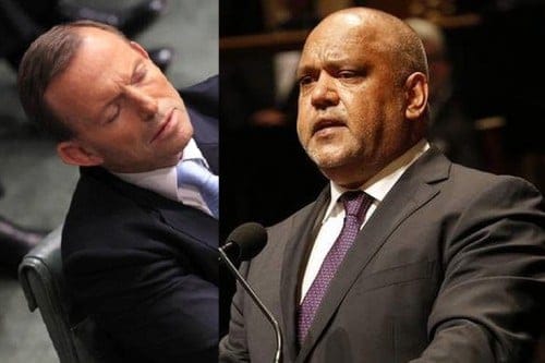 Tony Abbott, briefly caught on camera during an audience pan, sleeps his way through Noel Pearson's eulogy for Gough Whitlam