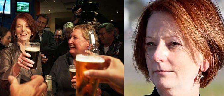 Julia Gillard celebrates her landmark Melbourne Cup win (left) Gillard arriving dishevvelled to Gough Whitlam's state funeral (right)