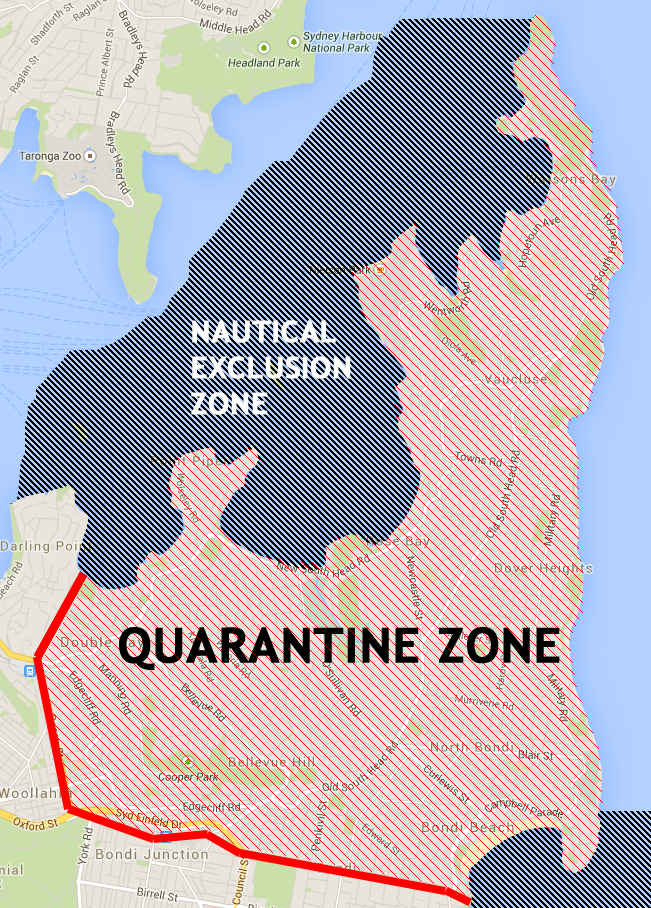 The extent of the quarantine zone. Including nautical boundaries. 