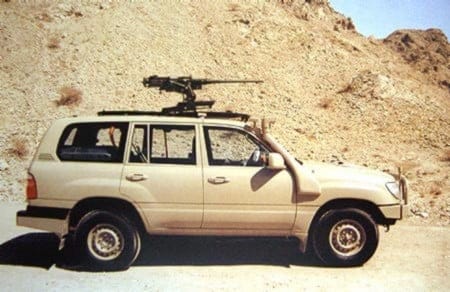 Jack Pearson's 2012 Toyota Landcruiser with it's M249 SAW light machine gun. He claims to have shot 11 cattle rustlers in 2014. PHOTO: Clancy Overell