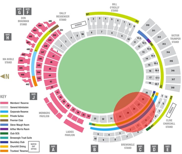 The SCG have released a map indicating which areas in the stadium have been hit hardest by the Richies