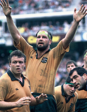 MUCH HAPPIER TIMES: FitzSimons is able to hide his early on-set baldness with strapping tape in the third test of the 1990 French tour of Australia. This same test saw French Center Philippe Sella red-carded for knocking FitzSimons out cold with a historic right hook.