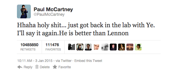 Paul McCartney praising Kanye West on twitter after their return to the studio