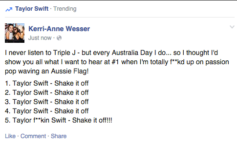 A brash and outspoken "teenie-bopper" intentionally undermines the entire concept of the Triple J's Hottest 100 by voting for American Country Musician, Taylor Swift