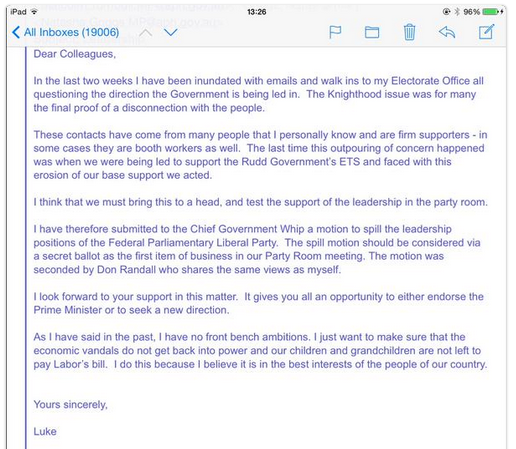 An internal email from Luke Simpkins MP explaining why he filed the spill motion. SOURCE: WikiLeaks