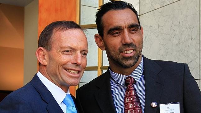 Tony Abbotts poses with Australian of the year, Adam Goodes. A man he describes as a "sensible blackfella" because he decided to leave his rural hometown and live in Sydney.