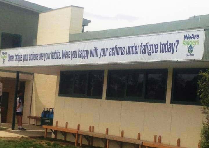 An extremely depressing banner draped over the front of Canberra Raiders HQ. A sign of the times.