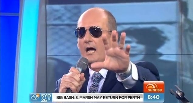 David Koch goofing around on Channel Seven's "Sunrise" breakfast show, a program that he co-hosts
