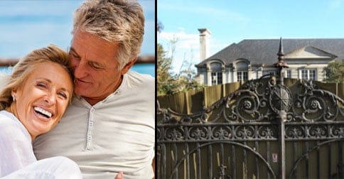 LEFT: Adrienne and Vince during their honeymoon last year, RIGHT: Their Toorak mansion has been blocked off from media after announcing that they were seeking legal advice
