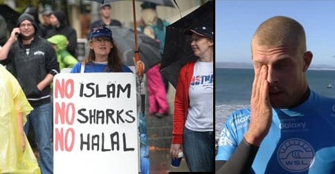 Members of the Reclaim Australia movement take to the streets in response to Mick Fanning's near miss in J-Bay