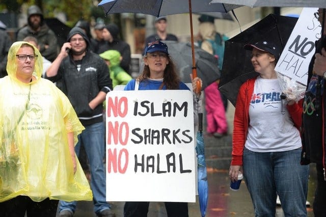 members of the Reclaim Australia movement take to the streets this morning to protest the life-threatening increase in sharks