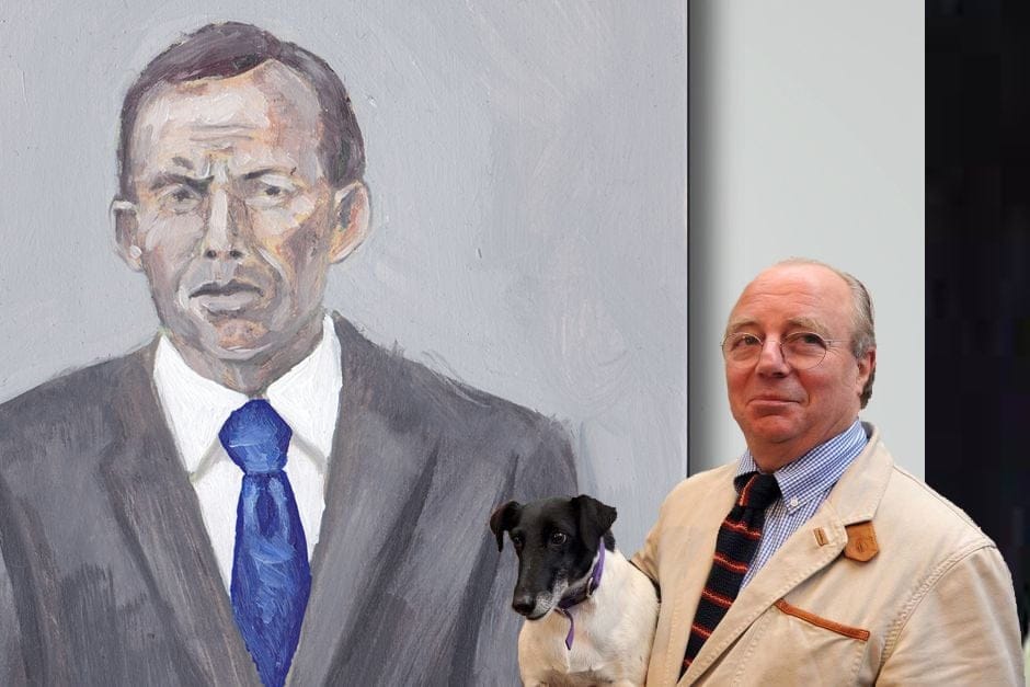 Multiple Archibald winner, Tim Storrier poses with the portrait of his close friend Tony Abbott. Storrier tells SMH that he is "certain Frances will take him this year's prize"