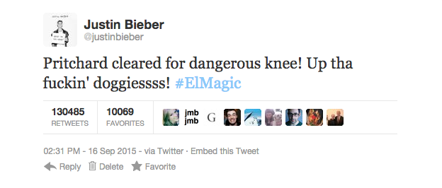 Justin Bieber tweets the good news surrounding Frank Pritchard's good news at the NRL tribunal