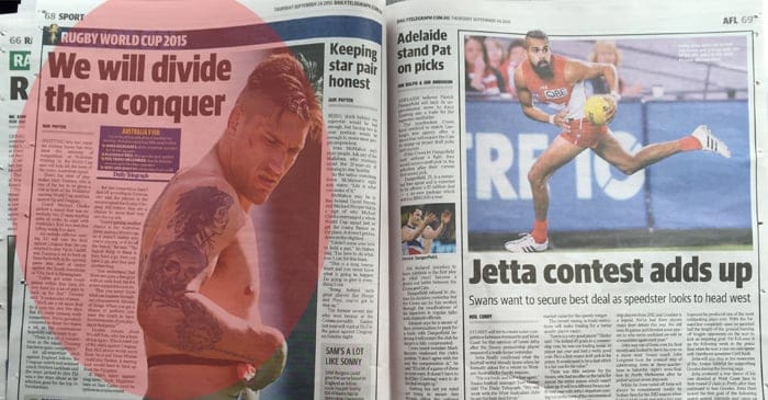 After nine pages of sport news, the Daily Telegraph reports on the 2015 RWC 