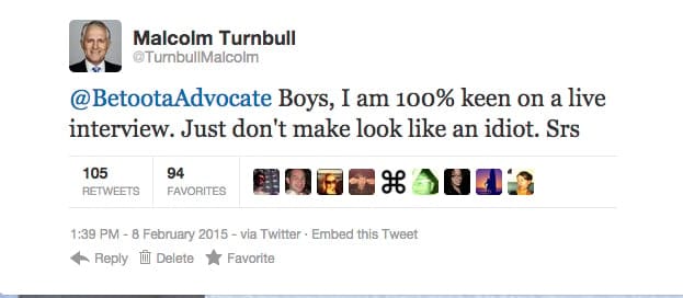 Malcolm Turnbull's initial tweet. Dated the day after our live #LibSpill1 coverage.