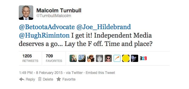 Turnbull's second tweet. In response to encouragement from close friends of The Betoota Advocate, Joe Hildebrand and Hugh Riminton.