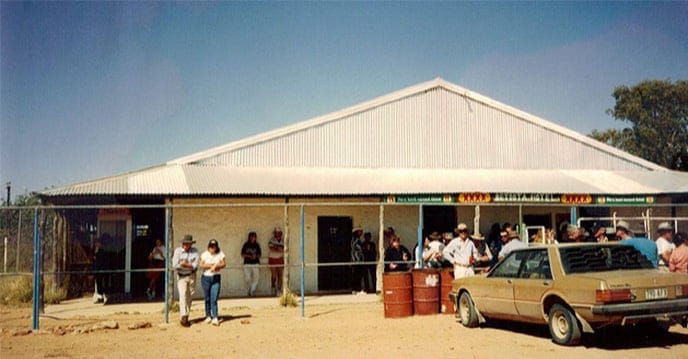 Members of the Betoota Rotary Club enjoying a liquid breakfast before heading out to Cordillo Downs today. PHOTO: Supplied. 