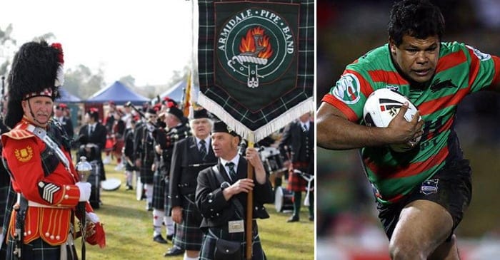 LEFT: the Armidale Bagpipe Band on show at the Aberdeen Highlander games. RIGHT: Former NRL star and Armidale local Dean Widders (seen here playing for SSFC) - a more fitting ambassador for the heritage and culture of New England.