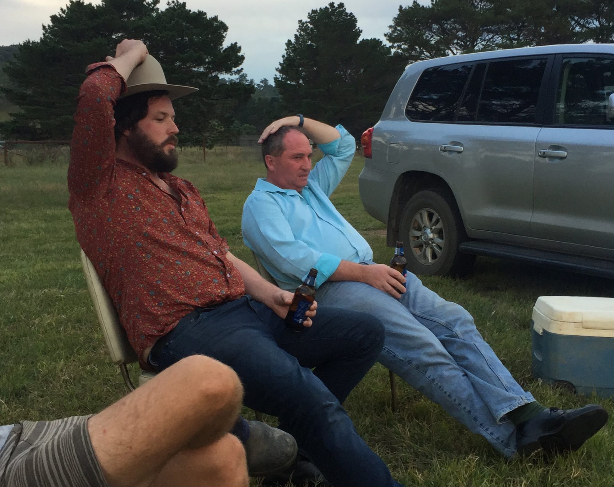 Clancy and Barnaby talk shop over a few ice cold Tooheys News in the tablelands of New England