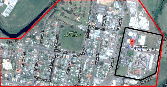 Above: The current Supermax prison boundaries are marked in black, while the newly proposed fence line is in red