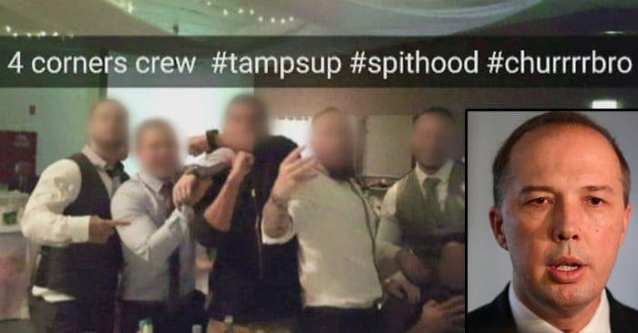 Left: The Don Dale staff pose for a snapchat photo in which they brag about their recent appearance on four corners with the hashtags #Spithood - right the Honourable Peter Dutton