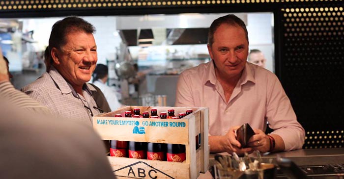 Barnaby Joyce Spotted Drinking Tui Long Necks Out Of A Wooden Crate In Logan Pub